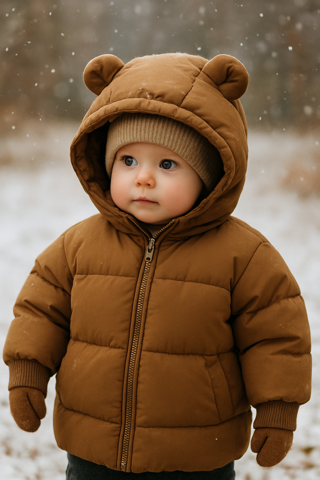 Child wearing a brown bear-themed jacket in a snowy setting