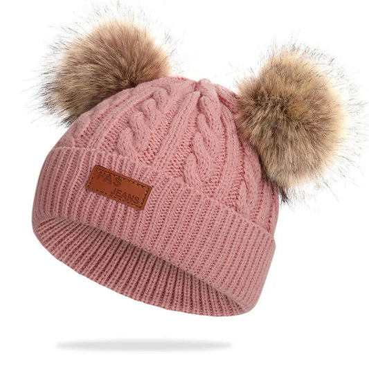 Double Pompom Baby Winter Hat – Knitted Beanie with Ear Protection