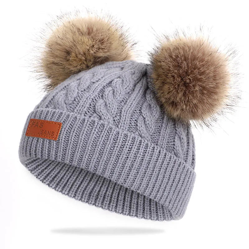 Double Pompom Baby Winter Hat – Knitted Beanie with Ear Protection