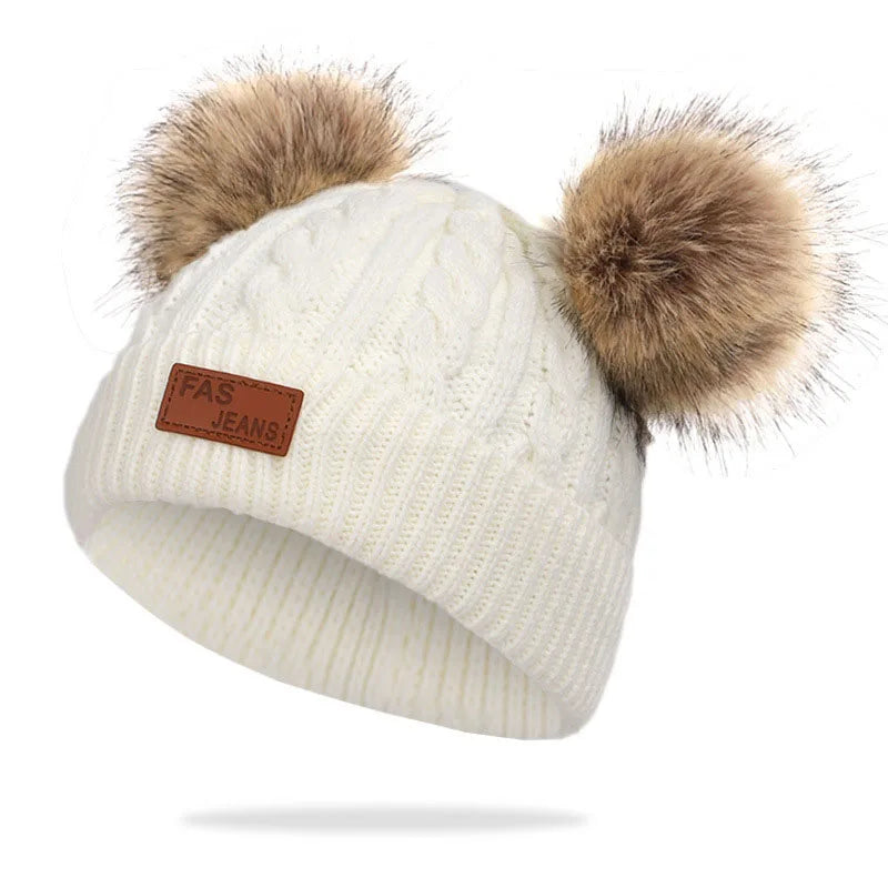 Double Pompom Baby Winter Hat – Knitted Beanie with Ear Protection