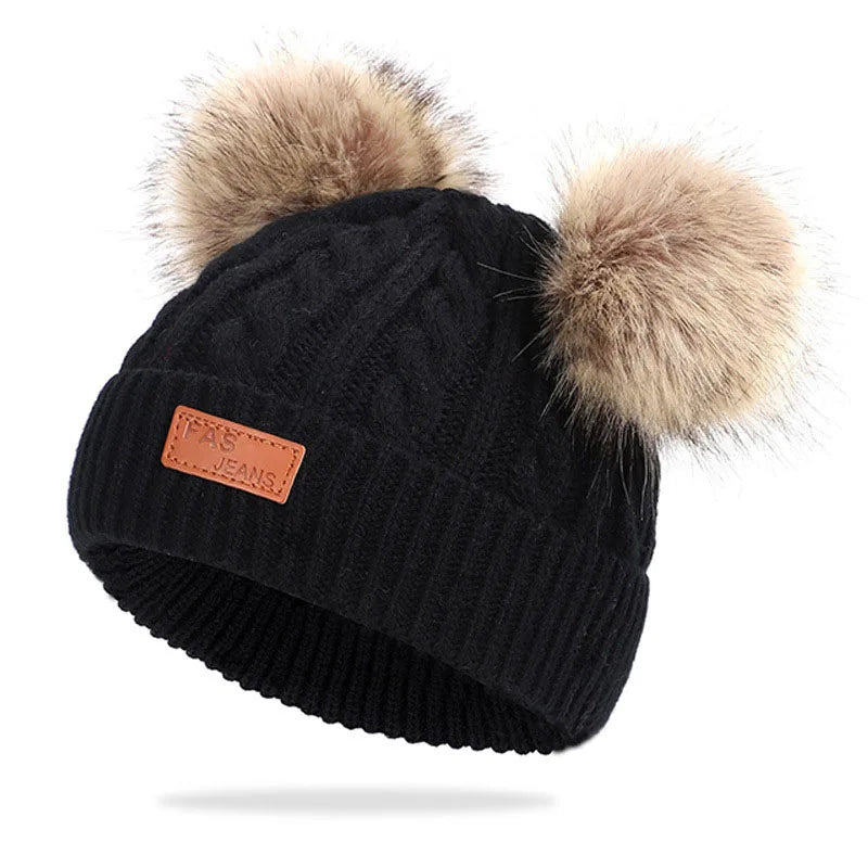 Double Pompom Baby Winter Hat – Knitted Beanie with Ear Protection